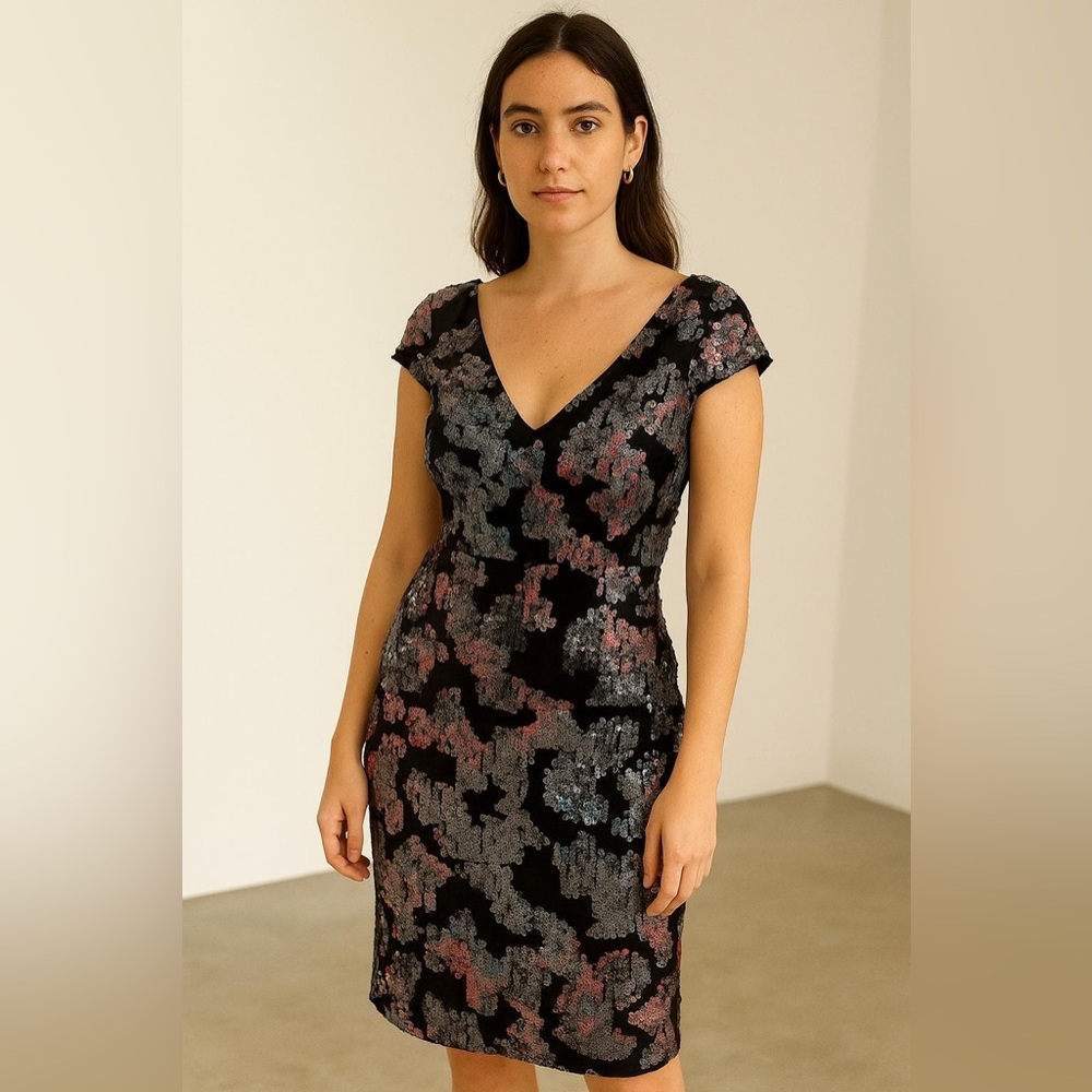 Black and pink floral velvet and sequin dress.